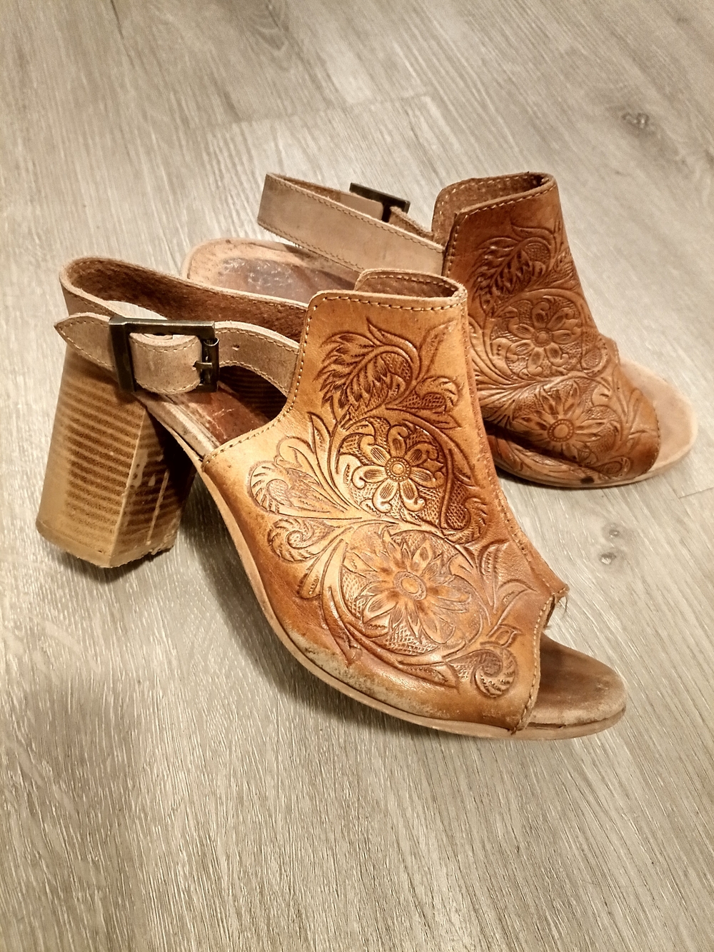 Roper Brown Tooled Leather Open-Toe Block Heel Sandals